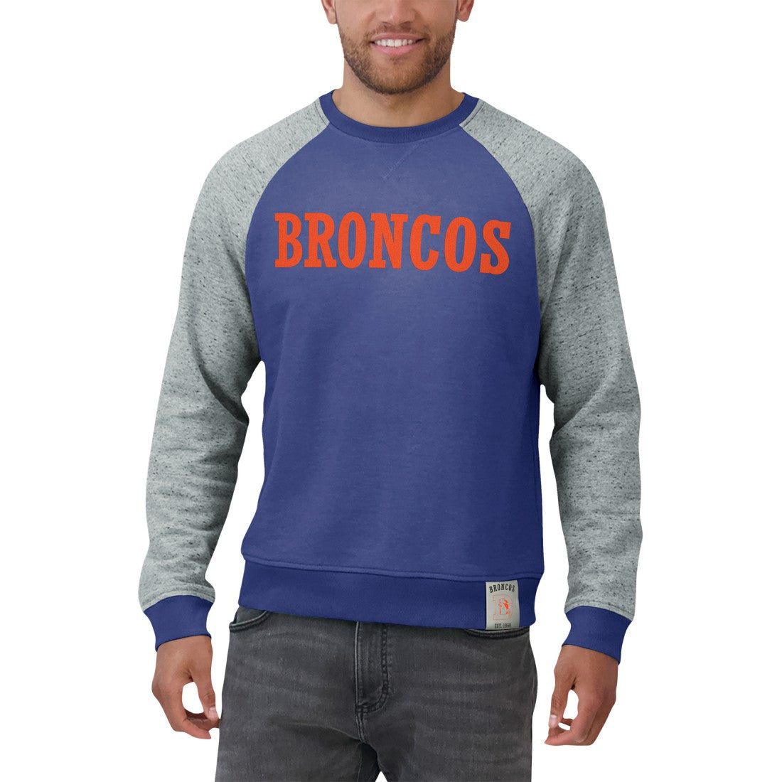 Denver Broncos Darius Rucker Collection Throwback Color Block Raglan Pullover Sweatshirt Royal/Heather Gray | Fanatics