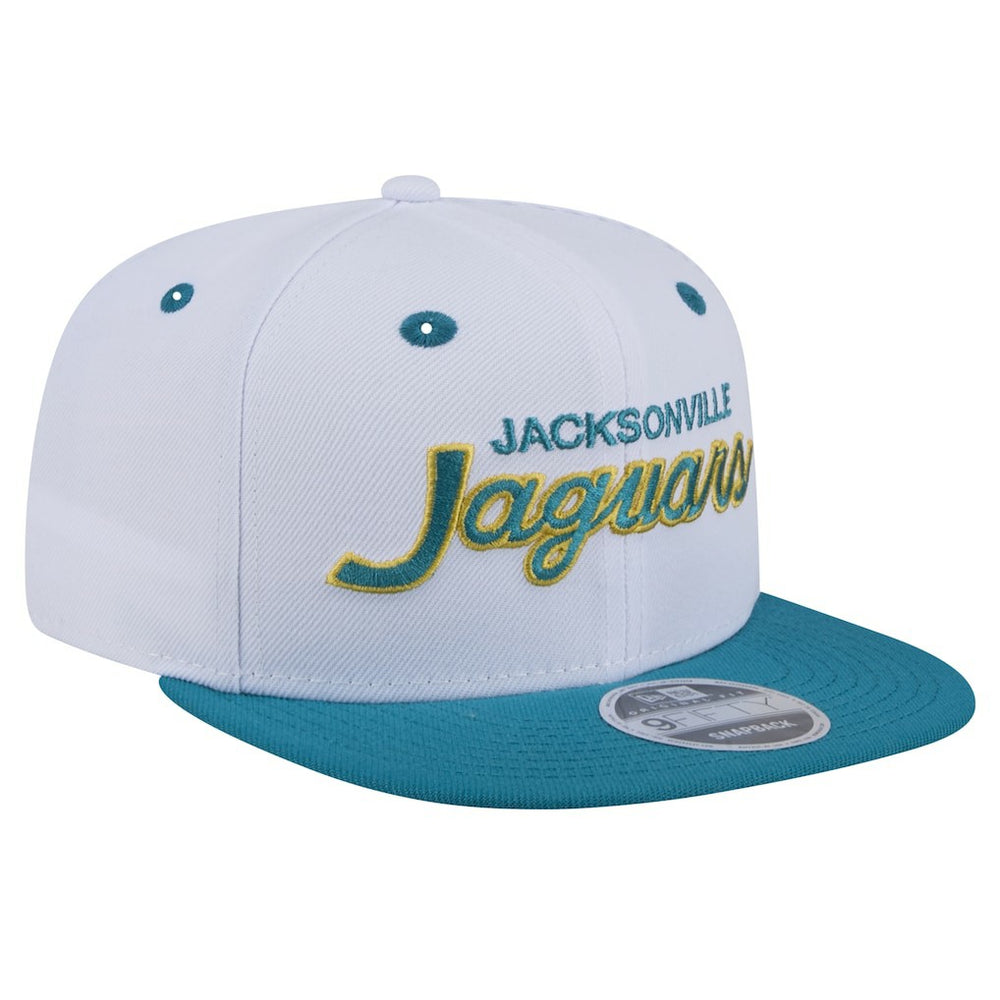 Jacksonville Jaguars New Era Throwback Sparky Original Fit 9FIFTY Snapback Hat White/Teal | NFL
