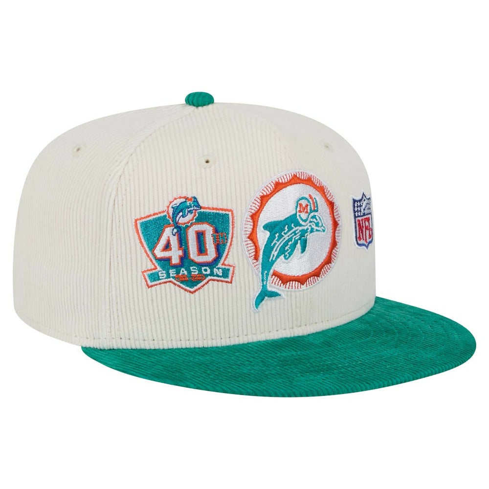 Miami Dolphins New Era Throwback Corduroy 59FIFTY Fitted Hat Cream/Aqua | NFL