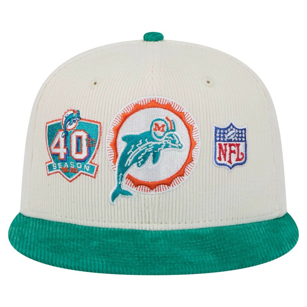 Miami Dolphins New Era Throwback Corduroy 59FIFTY Fitted Hat Cream/Aqua | NFL