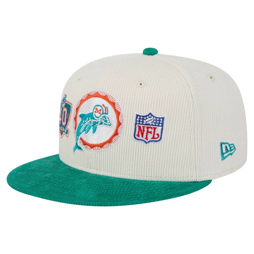 Miami Dolphins New Era Throwback Corduroy 59FIFTY Fitted Hat Cream/Aqua | NFL