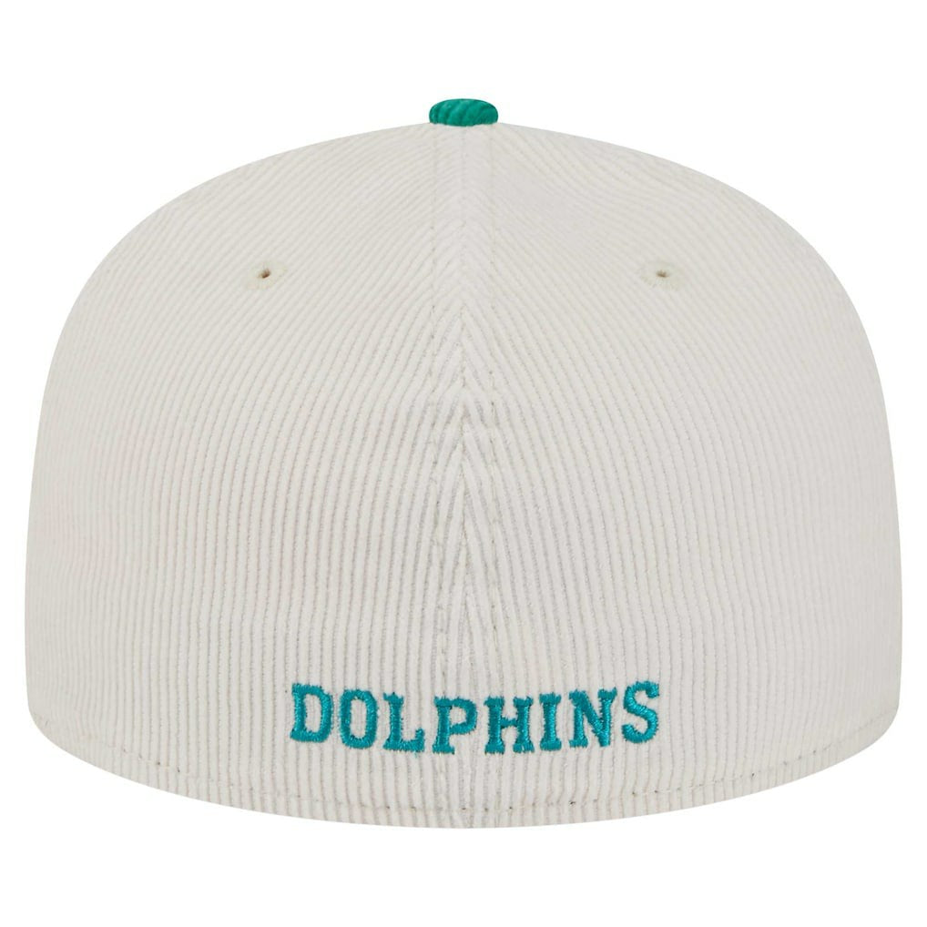 Miami Dolphins New Era Throwback Corduroy 59FIFTY Fitted Hat Cream/Aqua | NFL