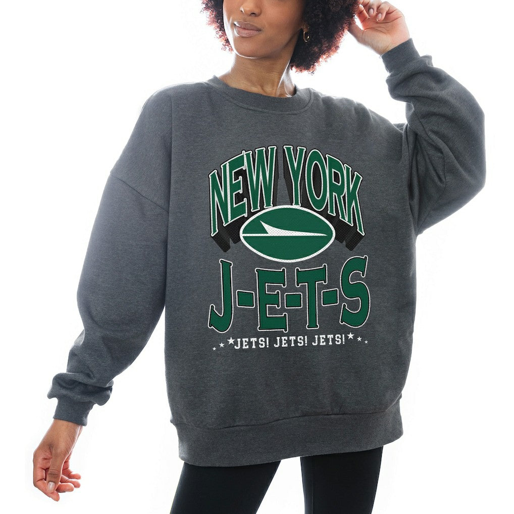 New York Jets Gameday Couture Women's Oversized Long Weekend Premium Fleece Drop Shoulder Pullover Sweatshirt Charcoal | NFL