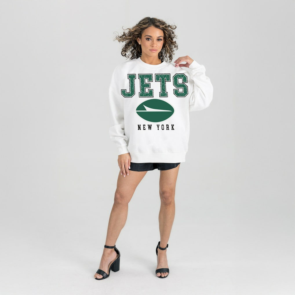 New York Jets Gameday Couture Women's Sunday Drives Oversized Crewneck Pullover Sweatshirt White | NFL