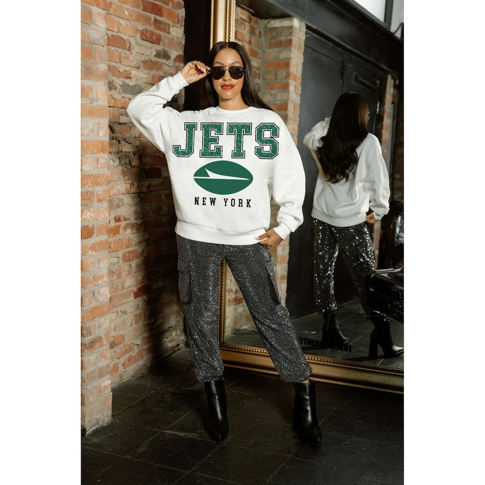 New York Jets Gameday Couture Women's Sunday Drives Oversized Crewneck Pullover Sweatshirt White | NFL