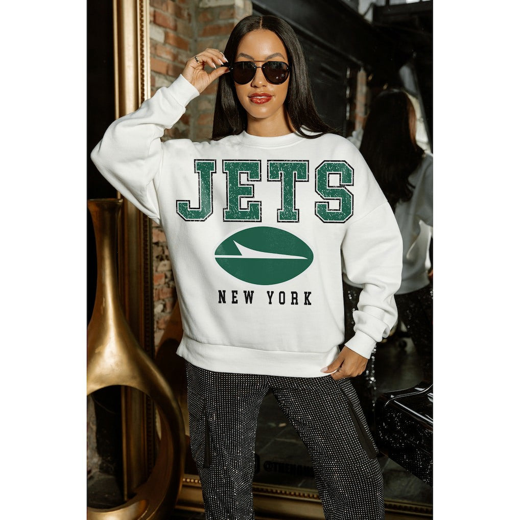New York Jets Gameday Couture Women's Sunday Drives Oversized Crewneck Pullover Sweatshirt White | NFL