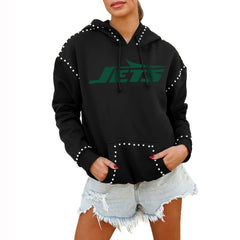 New York Jets Gameday Couture Women's Oversized Catch the Vibe Studded Pullover Hoodie Black | NFL