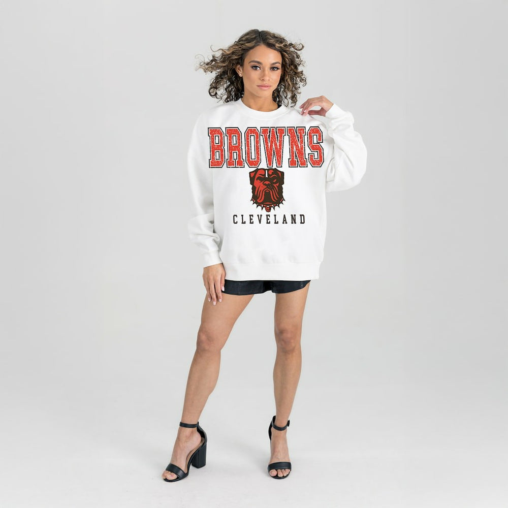 Cleveland Browns Gameday Couture Women's Sunday Drives Oversized Pullover Sweatshirt White | NFL