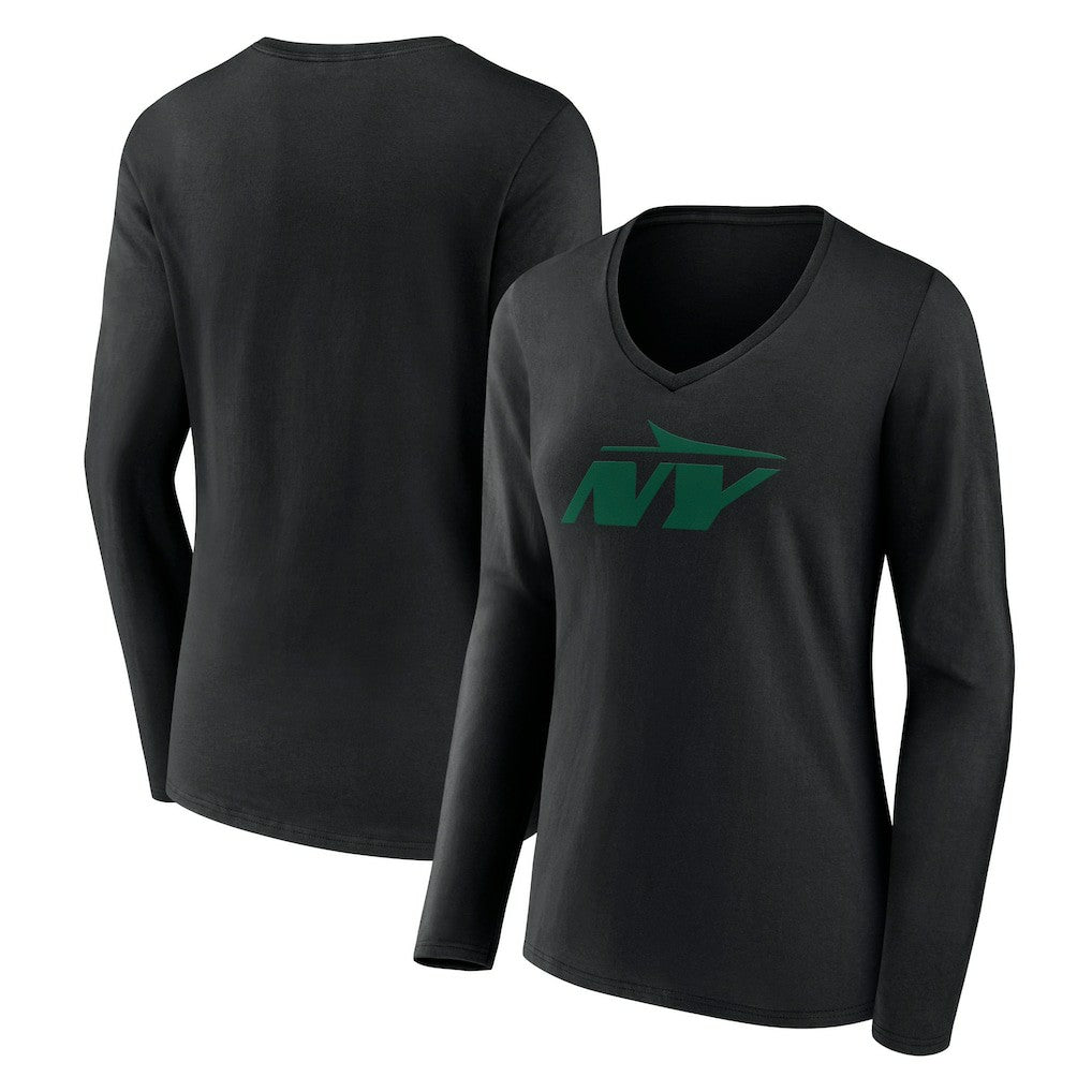 New York Jets Women's Secondary Logo Long Sleeve V-Neck T-Shirt Black | NFL