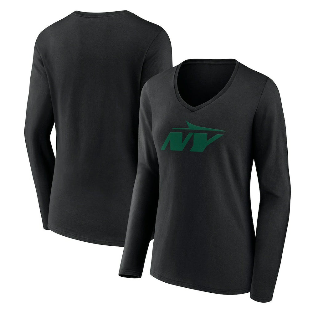 New York Jets Women's Secondary Logo Long Sleeve V-Neck T-Shirt Black | NFL