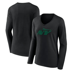 New York Jets Women's Secondary Logo Long Sleeve V-Neck T-Shirt Black | NFL