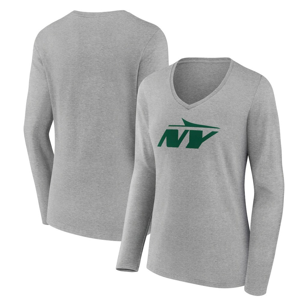 New York Jets Women's Secondary Logo Long Sleeve V-Neck T-Shirt Gray | NFL