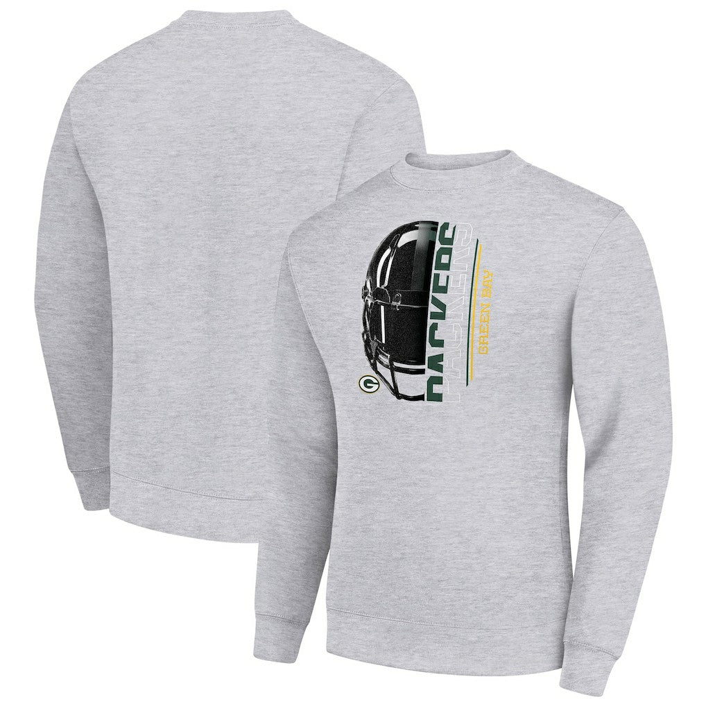 Green Bay Packers Starter Half Helmet Team Graphic Tri-Blend Fleece Pullover Sweatshirt Heather Gray | NFL
