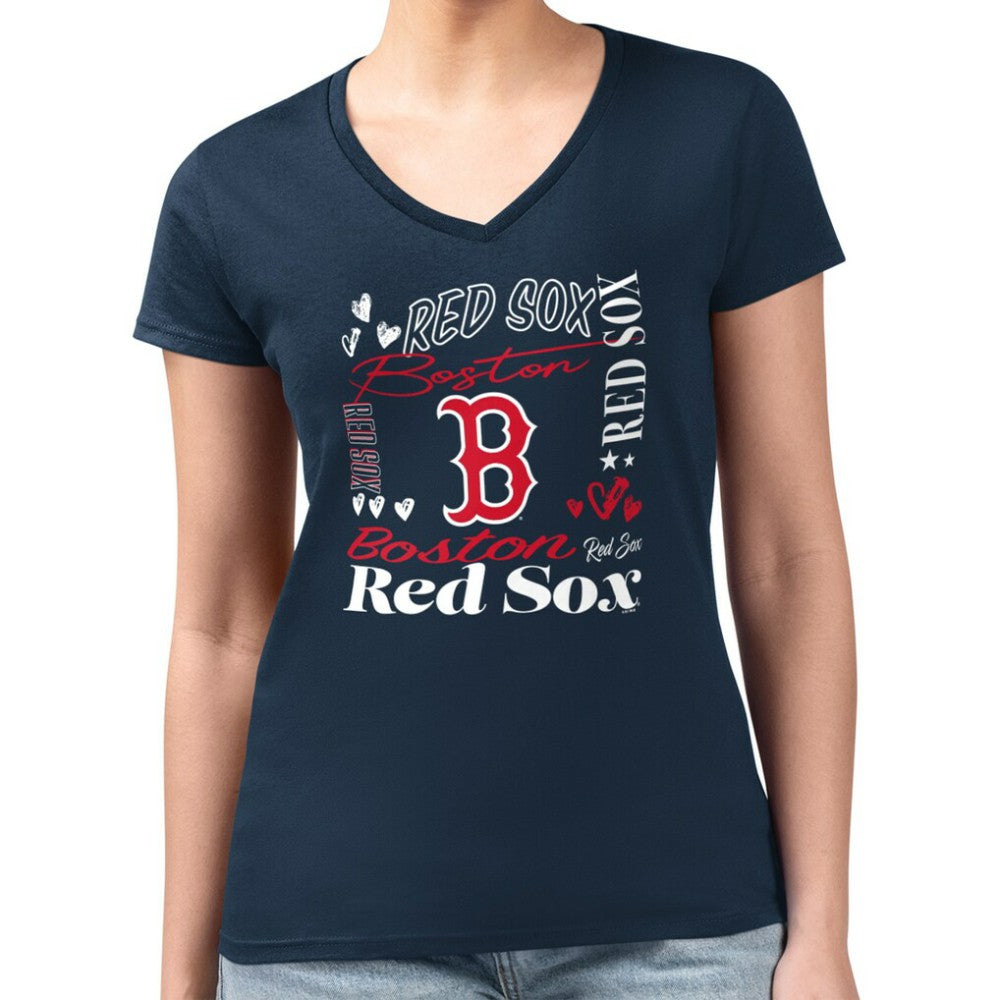 Boston Red Sox G-III 4Her by Carl Banks Women's Super-Slim Fit Lightweight Collage Team Graphic V-Neck T-Shirt - MLB