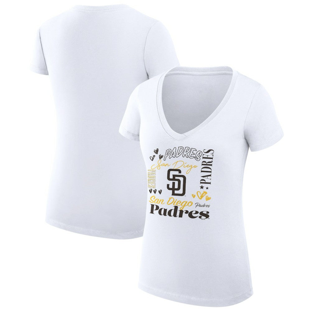 San Diego Padres G-III 4Her by Carl Banks Women's Super-Slim Fit Lightweight Collage Team Graphic V-Neck T-Shirt - MLB
