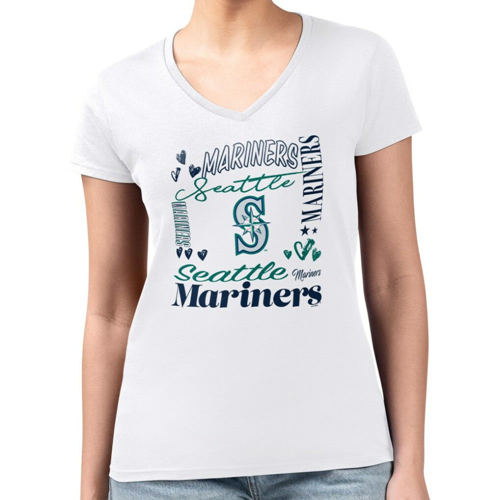 Seattle Mariners G-III 4Her by Carl Banks Women's Super-Slim Fit Lightweight Collage Team Graphic V-Neck T-Shirt - MLB