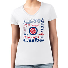 Chicago Cubs G-III 4Her by Carl Banks Women's Super-Slim Fit Lightweight Collage Team Graphic V-Neck T-Shirt - MLB