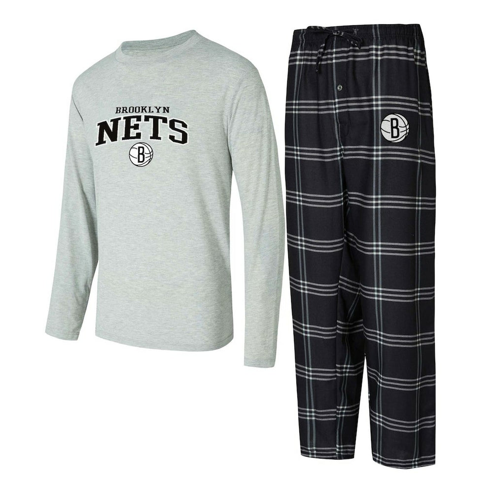 Brooklyn Nets Concepts Sport Petition Long Sleeve Top and Plaid Pant Set Black/Gray - NBA