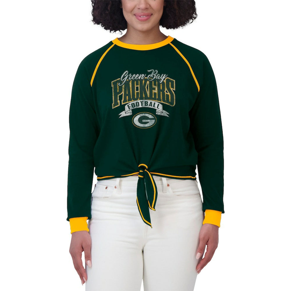 Green Bay Packers WEAR by Erin Andrews Women's Tie-Front Long Sleeve Top Green/Gold | NFL