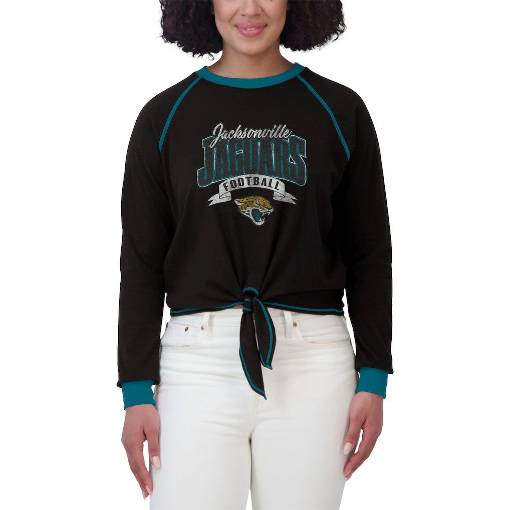 Jacksonville Jaguars WEAR by Erin Andrews Women's Tie-Front Long Sleeve Top Black/Teal | NFL
