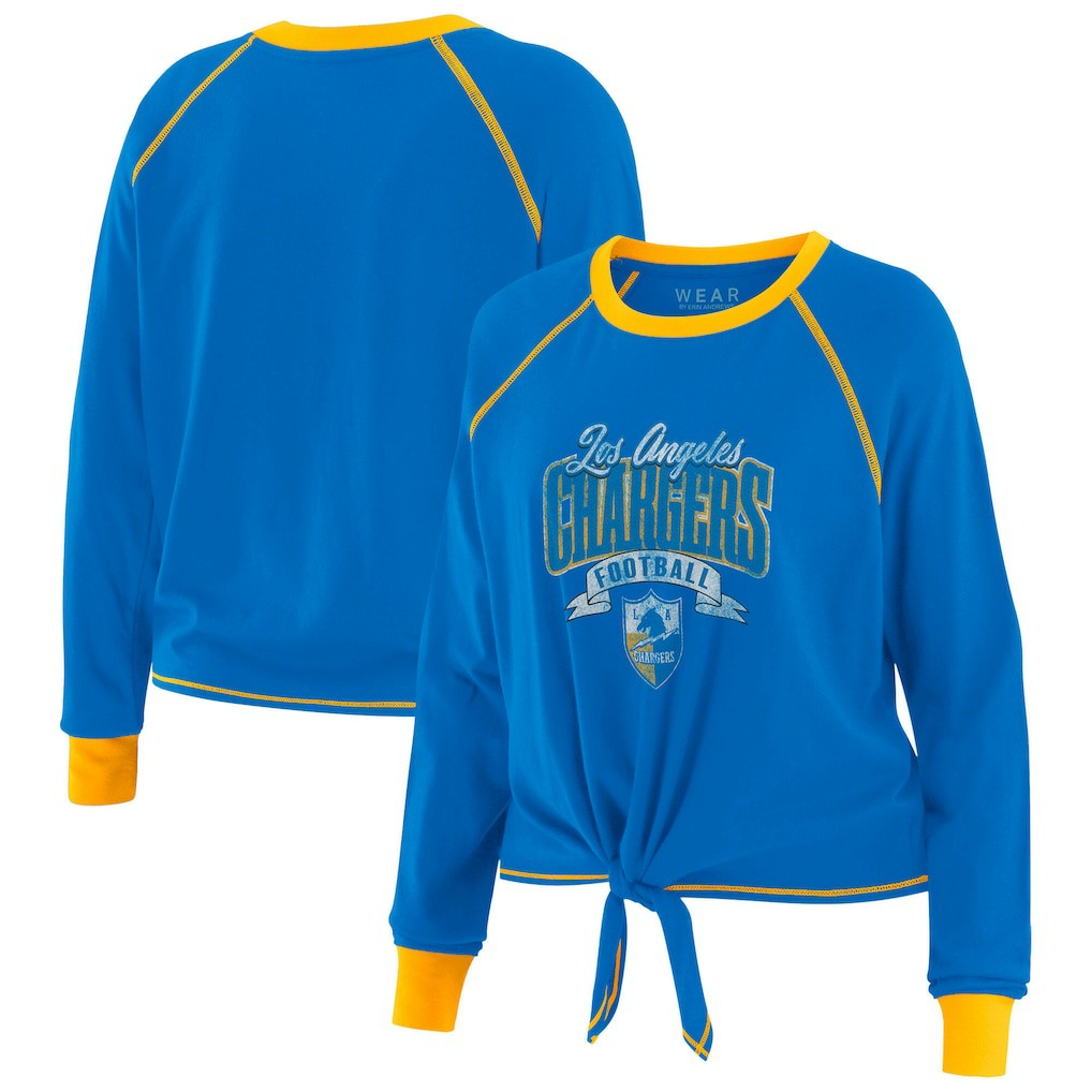 Los Angeles Chargers WEAR by Erin Andrews Women's Tie-Front Long Sleeve Top Powder Blue/Yellow | NFL