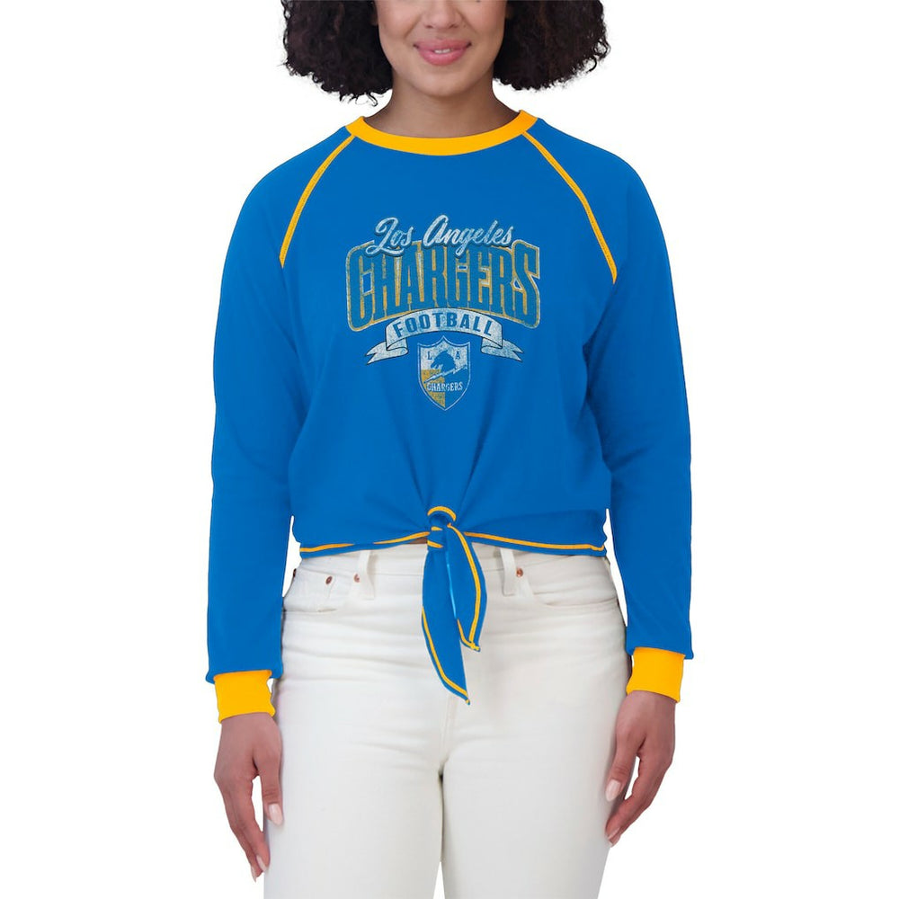 Los Angeles Chargers WEAR by Erin Andrews Women's Tie-Front Long Sleeve Top Powder Blue/Yellow | NFL