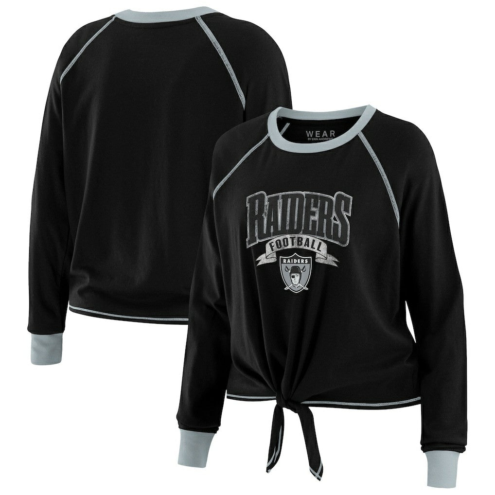 Las Vegas Raiders WEAR by Erin Andrews Women's Tie-Front Long Sleeve Top Black/Gray | NFL