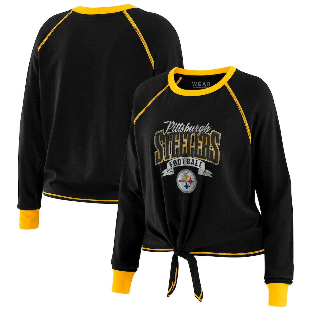 Pittsburgh Steelers WEAR by Erin Andrews Women's Tie-Front Long Sleeve Top Black/Gold | NFL