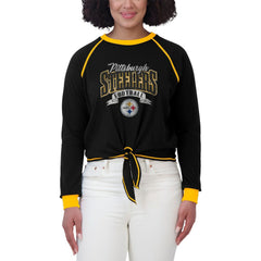 Pittsburgh Steelers WEAR by Erin Andrews Women's Tie-Front Long Sleeve Top Black/Gold | NFL