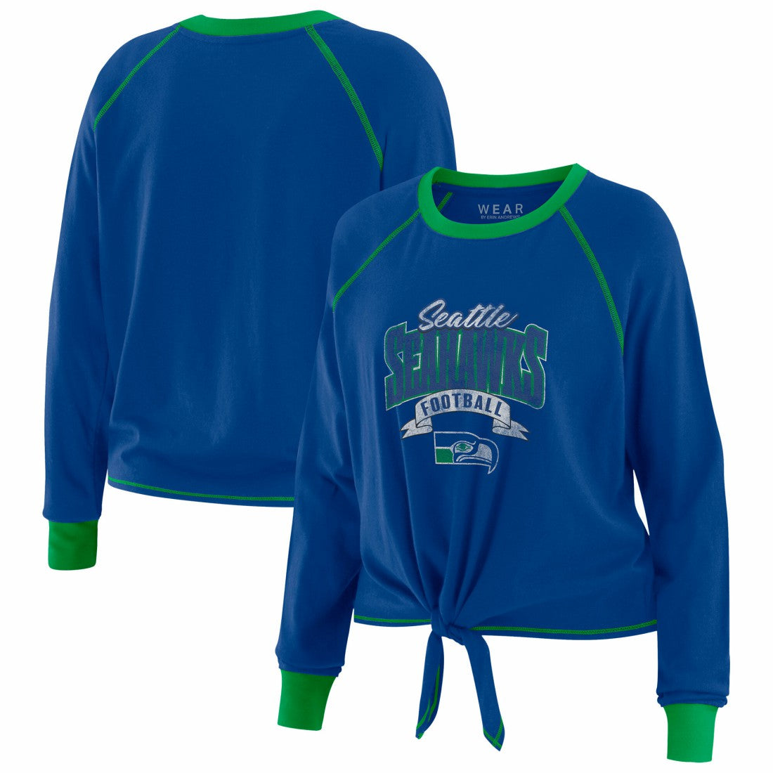 Seattle Seahawks WEAR by Erin Andrews Women's Tie-Front Long Sleeve Top Royal/Green | NFL