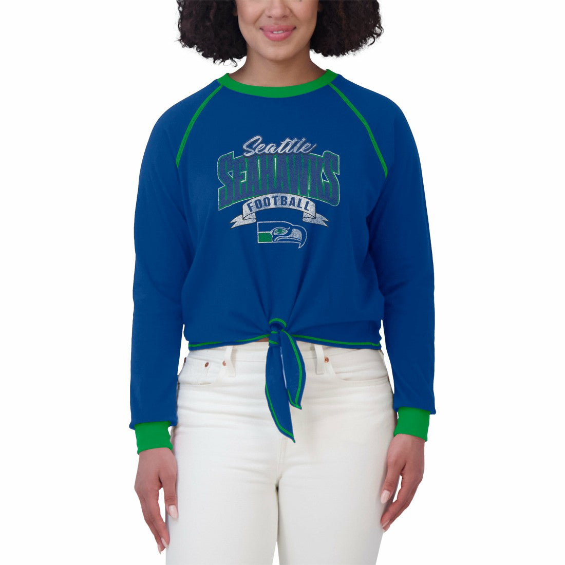 Seattle Seahawks WEAR by Erin Andrews Women's Tie-Front Long Sleeve Top Royal/Green | NFL