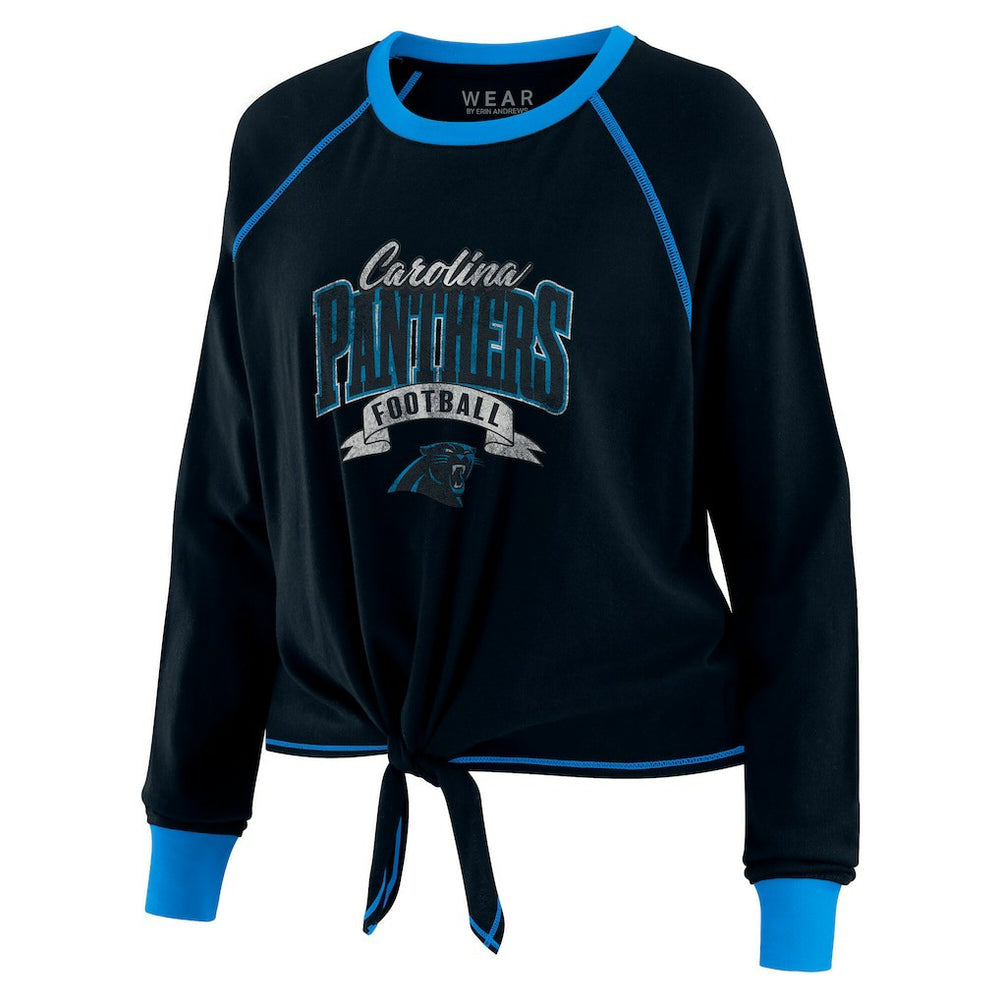 Carolina Panthers WEAR by Erin Andrews Women's Tie-Front Long Sleeve Top Black/Blue | NFL