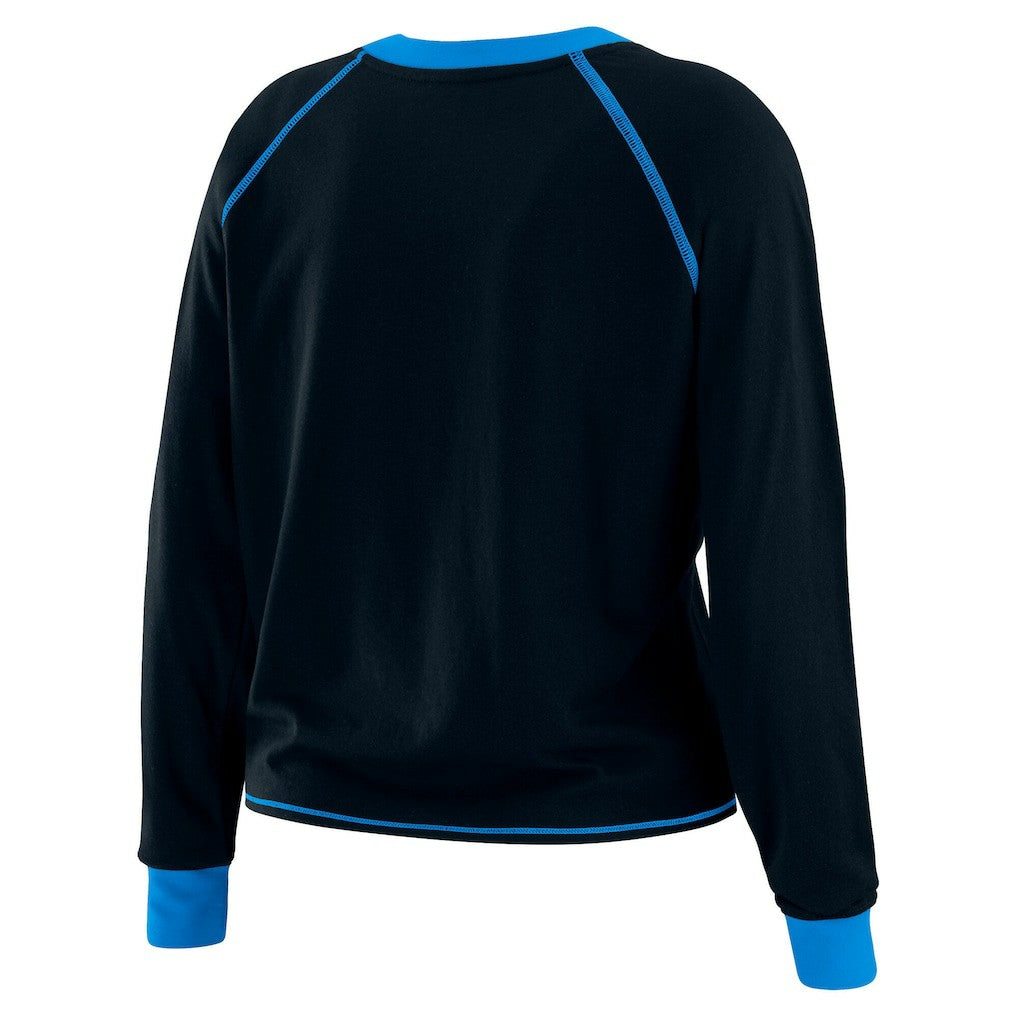 Carolina Panthers WEAR by Erin Andrews Women's Tie-Front Long Sleeve Top Black/Blue | NFL