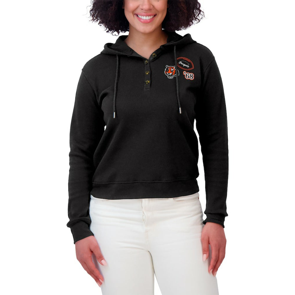 Cincinnati Bengals WEAR by Erin Andrews Women's Waffle Hoodie Pullover Top Black | NFL