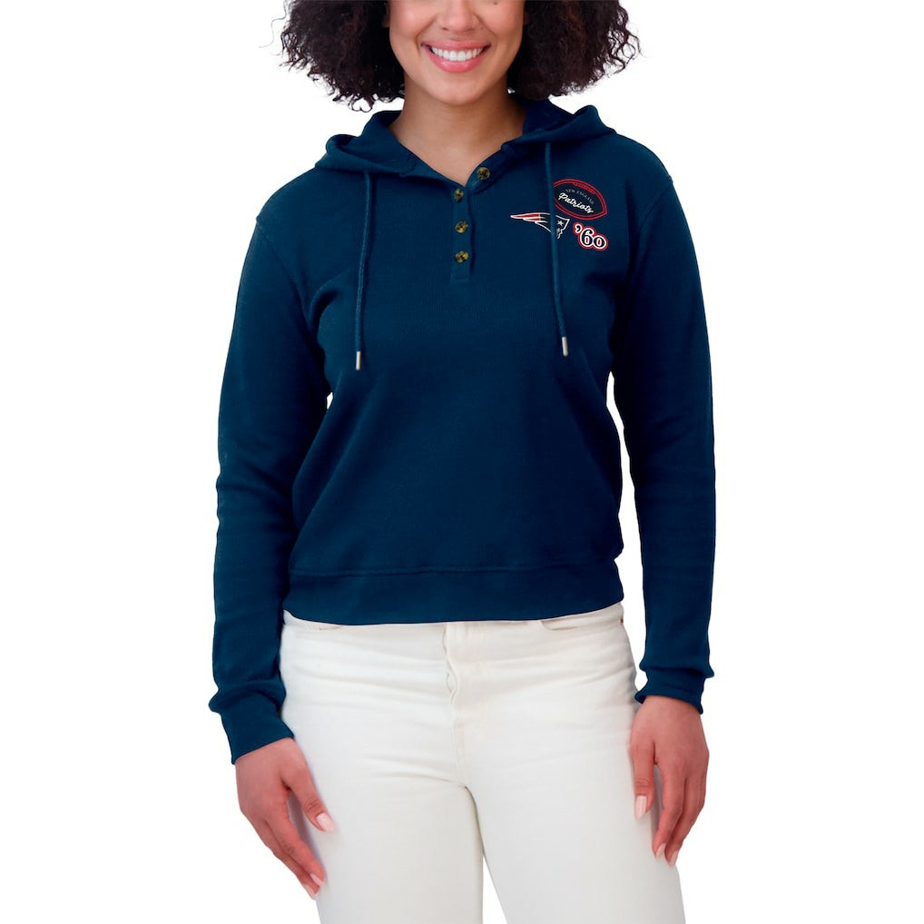 New England Patriots WEAR by Erin Andrews Women's Waffle Hoodie Pullover Top Navy | NFL