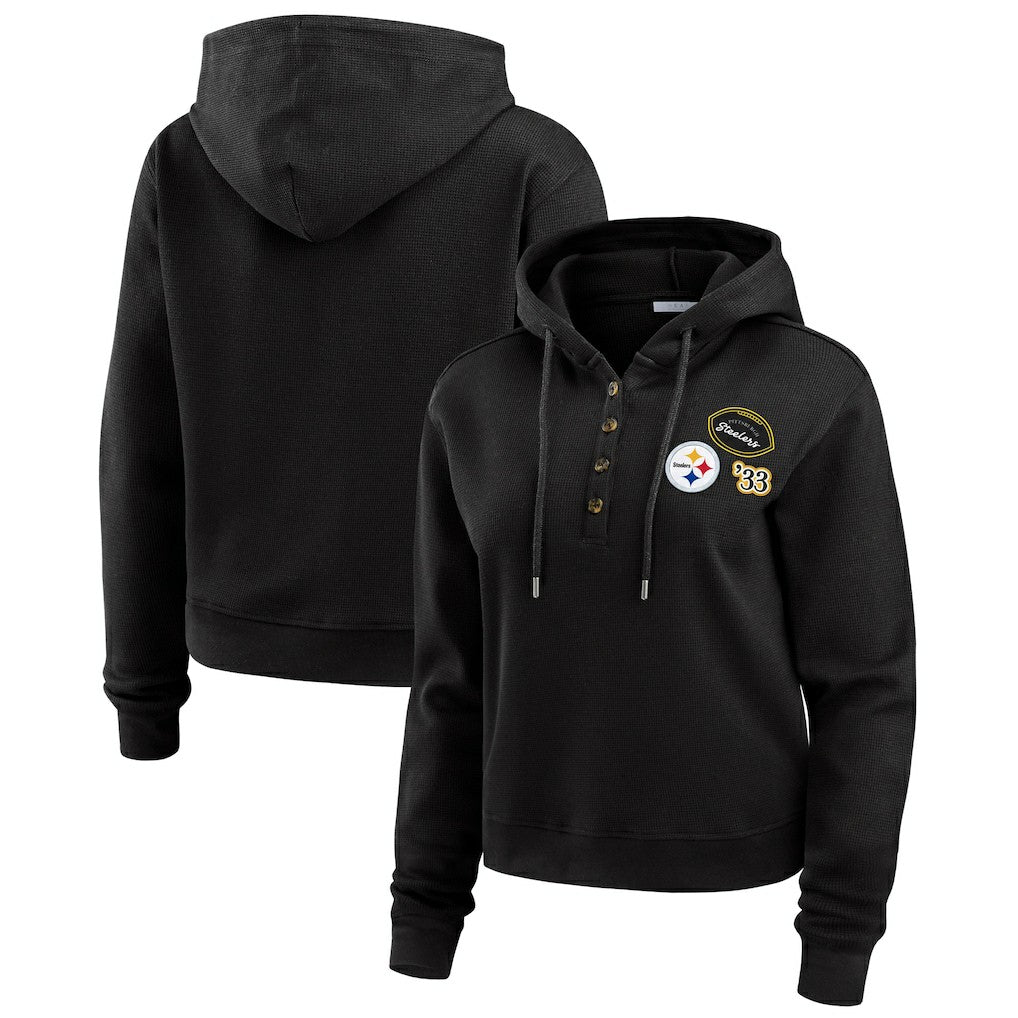 Pittsburgh Steelers WEAR by Erin Andrews Women's Waffle Hoodie Pullover Top Black | NFL