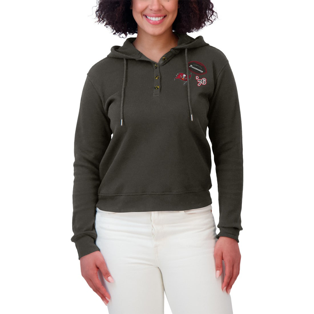 Tampa Bay Buccaneers WEAR by Erin Andrews Women's Waffle Hoodie Pullover Top Pewter | NFL