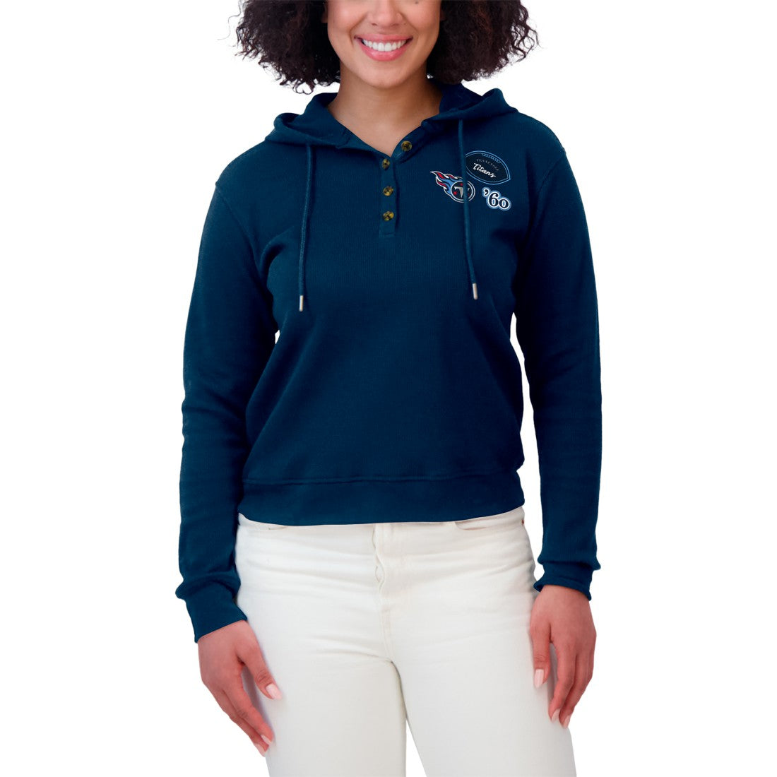 Tennessee Titans WEAR by Erin Andrews Women's Waffle Hoodie Pullover Top Navy | NFL