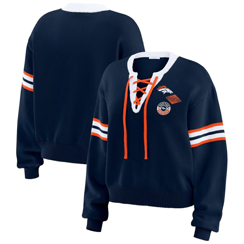 Denver Broncos WEAR by Erin Andrews Women's Lace-Up Pullover Sweatshirt Navy | NFL