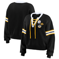 Pittsburgh Steelers WEAR by Erin Andrews Women's Lace-Up Pullover Sweatshirt Black | NFL
