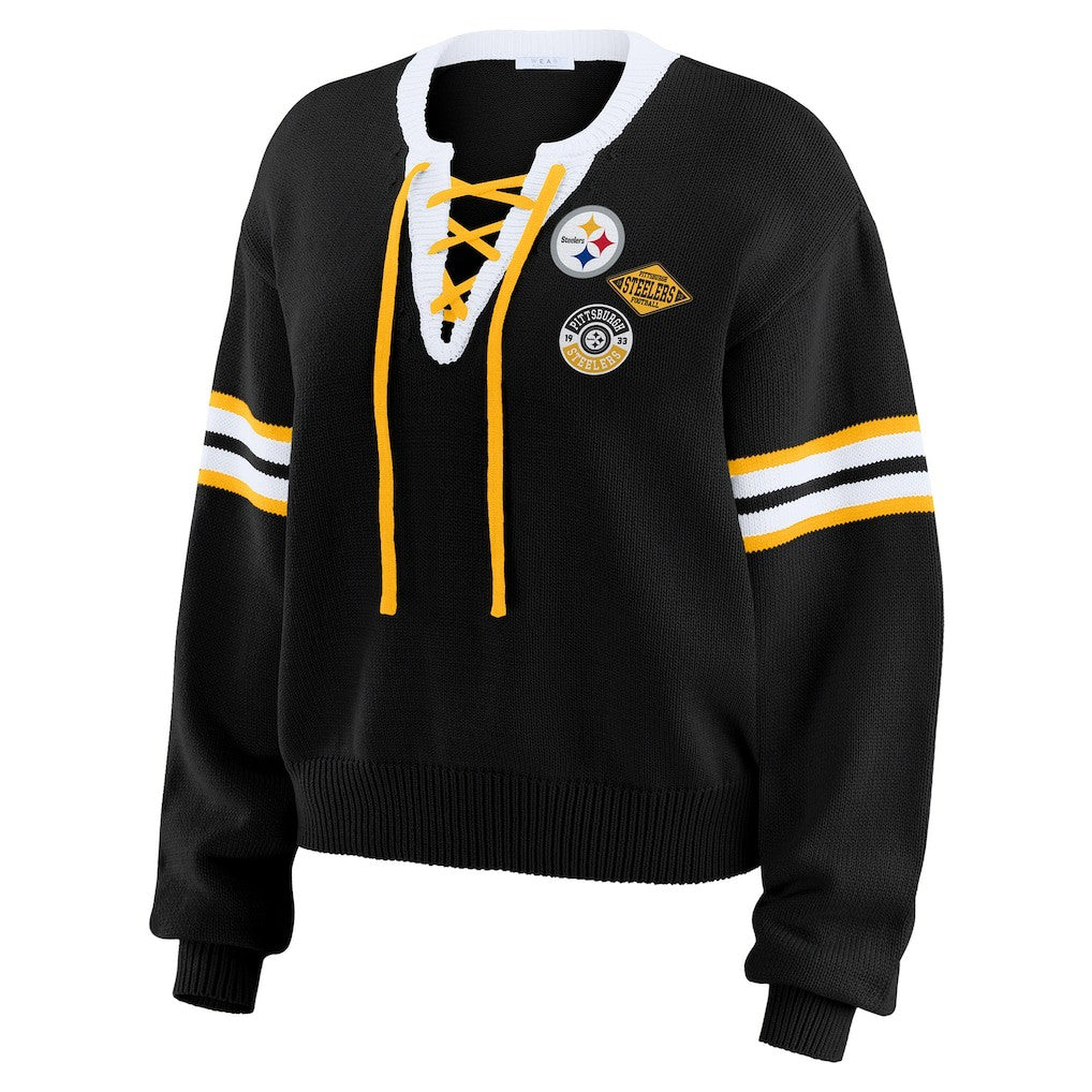 Pittsburgh Steelers WEAR by Erin Andrews Women's Lace-Up Pullover Sweatshirt Black | NFL