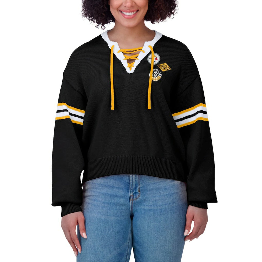 Pittsburgh Steelers WEAR by Erin Andrews Women's Lace-Up Pullover Sweatshirt Black | NFL