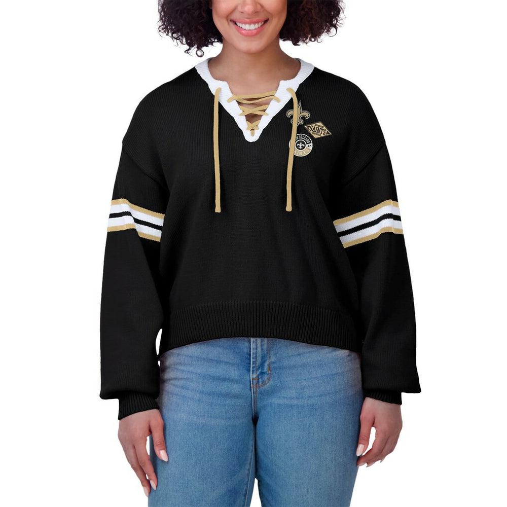 New Orleans Saints WEAR by Erin Andrews Women's Lace-Up Pullover Sweatshirt Black | NFL