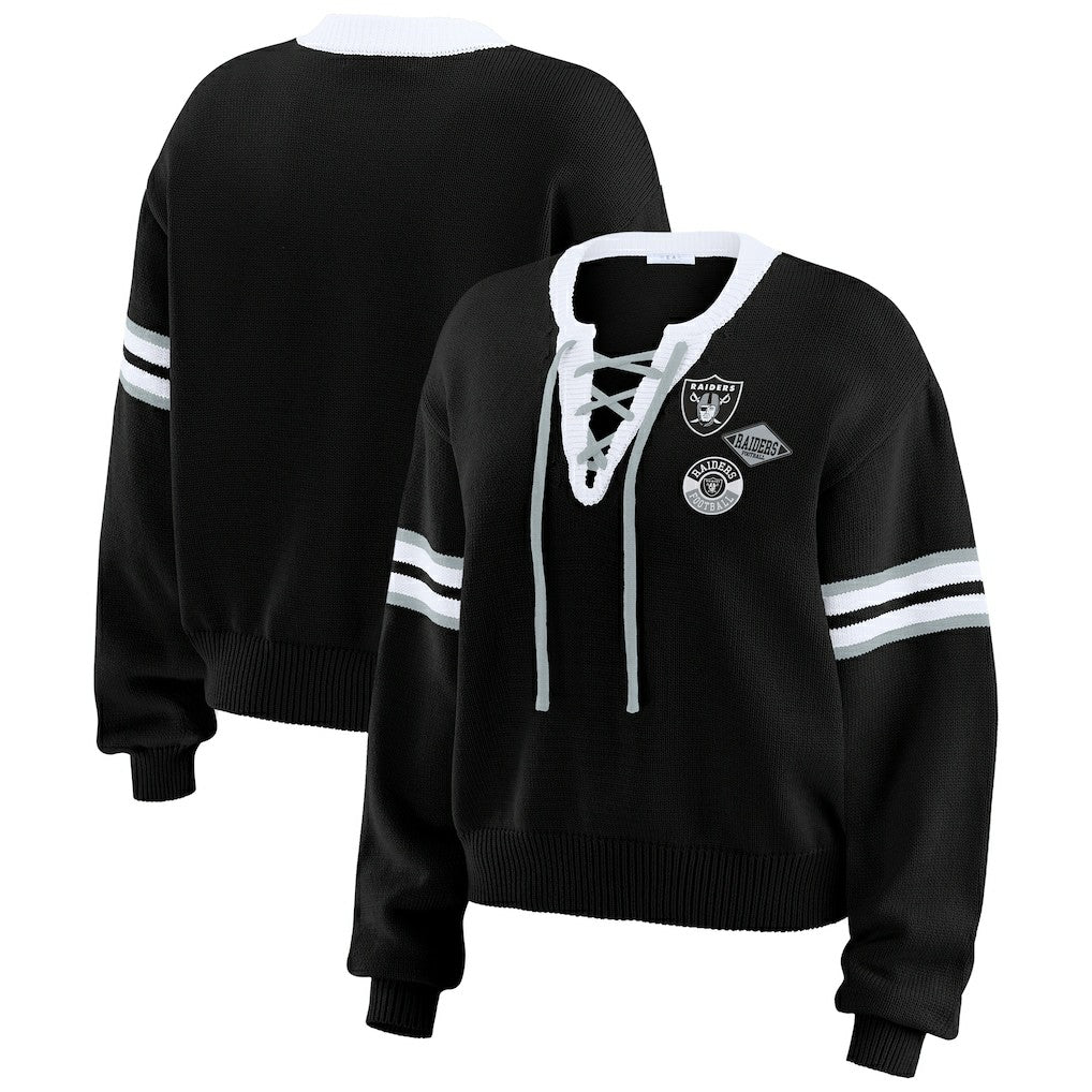 Las Vegas Raiders WEAR by Erin Andrews Women's Lace-Up Pullover Sweatshirt Black | NFL