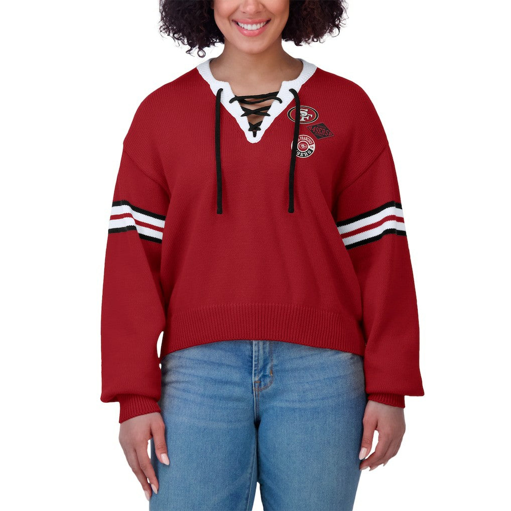 San Francisco 49ers WEAR by Erin Andrews Women's Lace-Up Pullover Sweatshirt Scarlet | NFL