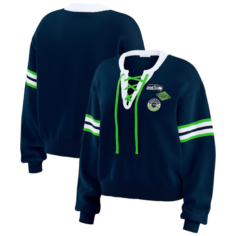 Seattle Seahawks WEAR by Erin Andrews Women's Lace-Up Pullover Sweatshirt Navy | NFL