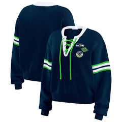 Seattle Seahawks WEAR by Erin Andrews Women's Lace-Up Pullover Sweatshirt Navy | NFL