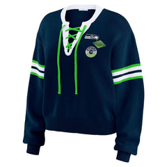 Seattle Seahawks WEAR by Erin Andrews Women's Lace-Up Pullover Sweatshirt Navy | NFL