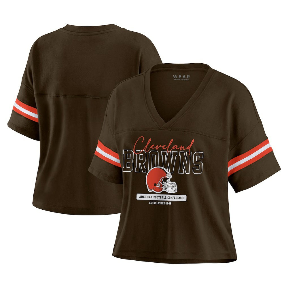 Cleveland Browns WEAR by Erin Andrews Women's Color Block Boxy Modest Crop V-Neck T-Shirt Brown | NFL