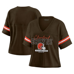 Cleveland Browns WEAR by Erin Andrews Women's Color Block Boxy Modest Crop V-Neck T-Shirt Brown | NFL